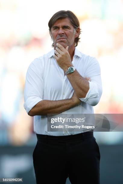 Manager of Udinese Andrea Sottil looks on before kick-off at the Serie A TIM match between Udinese Calcio and Frosinone Calcio at Udinese Arena on...