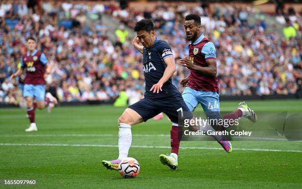 Heung-Min Son of Tottenham Hotspur scores his team's fifth goal to complete his hat-trick during the Premier League match between Burnley FC and...