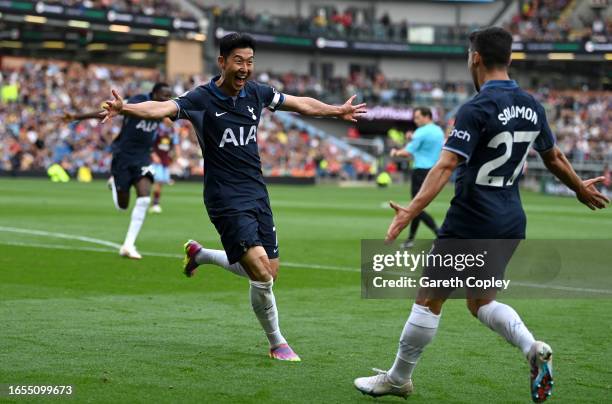 Heung-Min Son of Tottenham Hotspur celebrates after scoring the team's fourth goal during the Premier League match between Burnley FC and Tottenham...