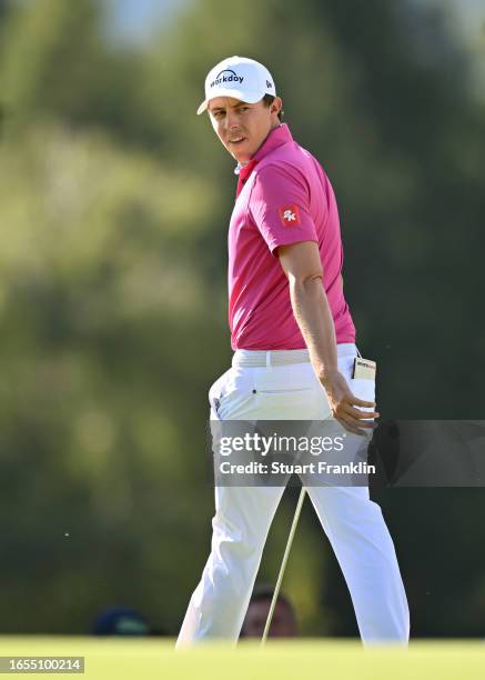 Matt Fitzpatrick of England looks on during Day Three of the Omega European Masters at Crans-sur-Sierre Golf Club on September 02, 2023 in...