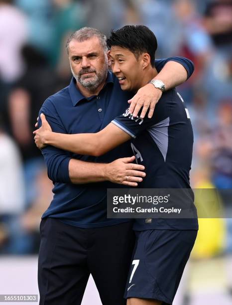 Heung-Min Son of Tottenham Hotspur celebrates with Ange Postecoglou, Manager of Tottenham Hotspur after winning the Premier League match between...