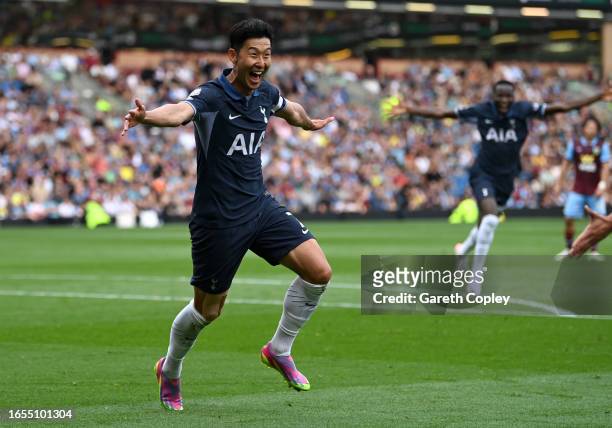 Heung-Min Son of Tottenham Hotspur celebrates after scoring the team's fourth goal during the Premier League match between Burnley FC and Tottenham...