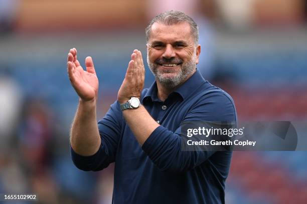 Ange Postecoglou, Manager of Tottenham Hotspur, celebrates his team's victory after the Premier League match between Burnley FC and Tottenham Hotspur...