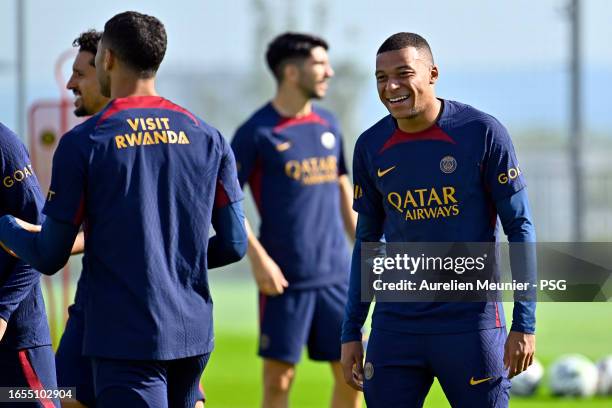 Kylian Mbappe reacts during a Paris Saint-Germain training session at Campus PSG on September 02, 2023 in Paris, France.