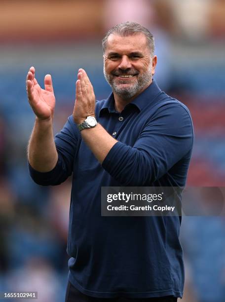 Ange Postecoglou, Manager of Tottenham Hotspur, celebrates his team's victory after the Premier League match between Burnley FC and Tottenham Hotspur...