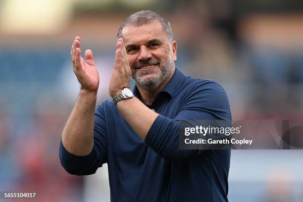 Ange Postecoglou, Manager of Tottenham Hotspur, celebrates his team's victory after the Premier League match between Burnley FC and Tottenham Hotspur...