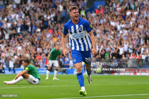 Evan Ferguson of Brighton & Hove Albion celebrates after scoring the team's first goal during the Premier League match between Brighton & Hove Albion...