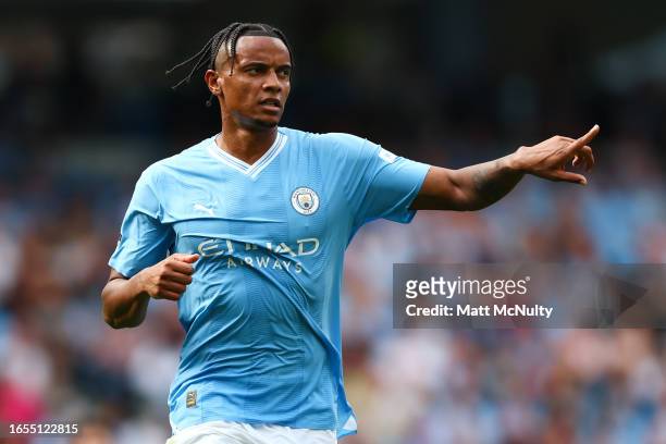 Manuel Akanji of Manchester City points during the Premier League match between Manchester City and Fulham FC at Etihad Stadium on September 02, 2023...