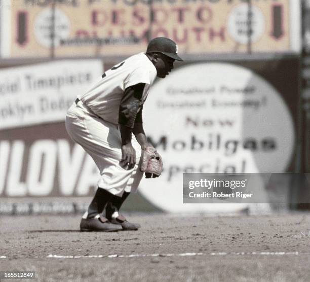 Third baseman Jackie Robinson of the Brooklyn Dodgers readies for the play during a game circa 1950's at Ebbets Field in Brooklyn, New York.