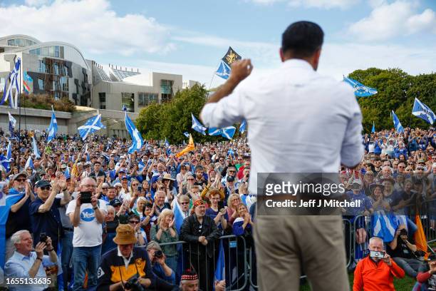 First Minister of Scotland Humza Yousaf joins hundreds of supporters of Scottish Independence during a march and rally organised by Believe in...