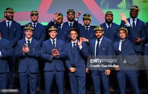 The England players wave to the crowd after receiving their Rugby World Cup Caps during the Rugby World Cup 2023 Welcome Ceremony at Convention...