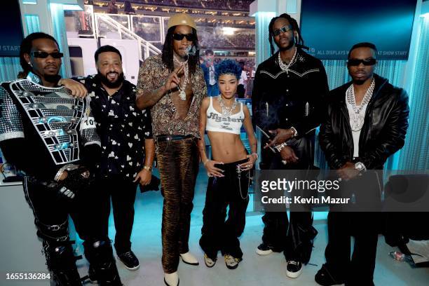 Offset, DJ Khaled, Wiz Khalifa, Coi Leray, 2 Chainz and Roddy Ricch pose backstage during the "RENAISSANCE WORLD TOUR" at SoFi Stadium on September...