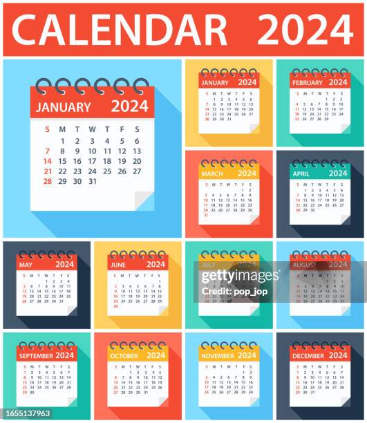 ilustraciones, imágenes clip art, dibujos animados e iconos de stock de calendario 2024 - plano moderno colorido. la semana comienza el domingo - 2024