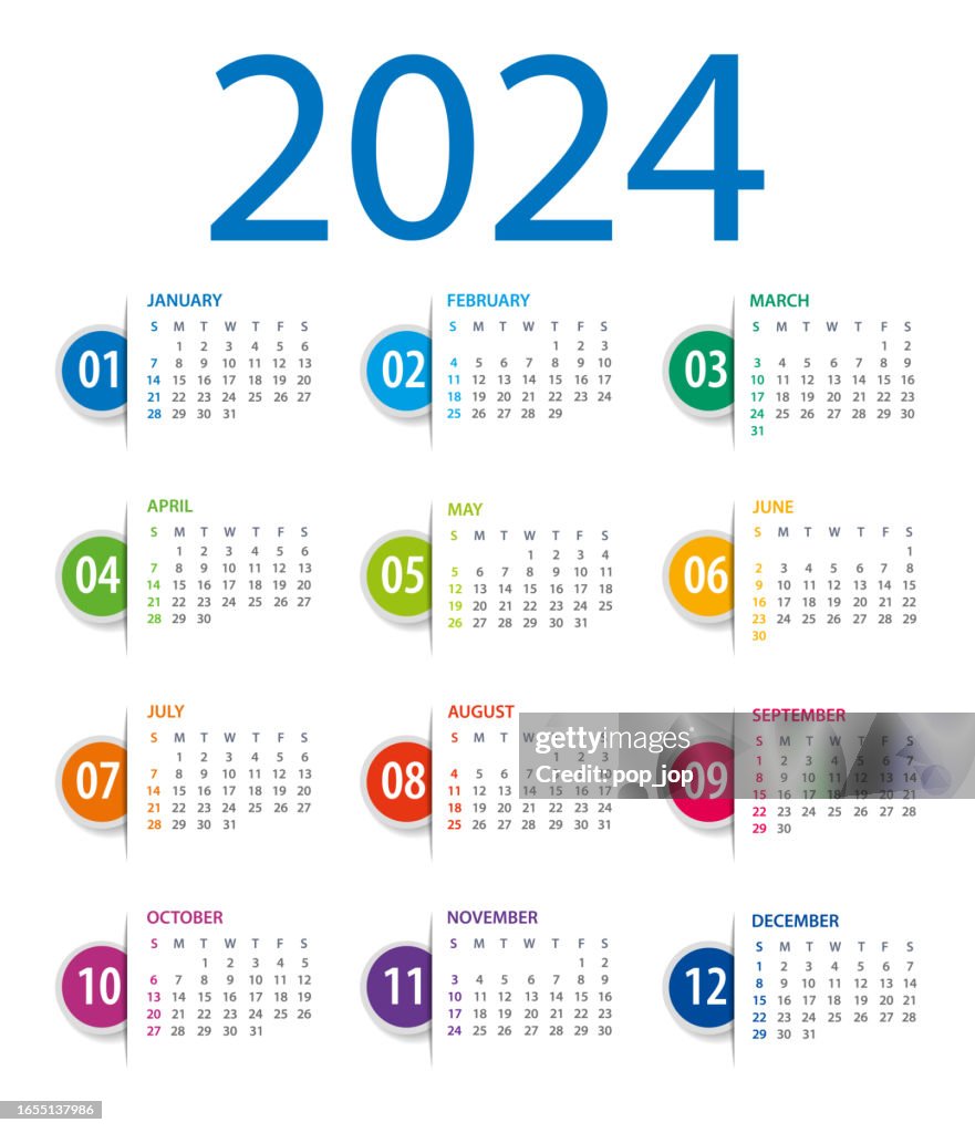 Kalender-Vorlage 2024. Markieren Sie Lesezeichen. Wochenstatistiken am Sonntag