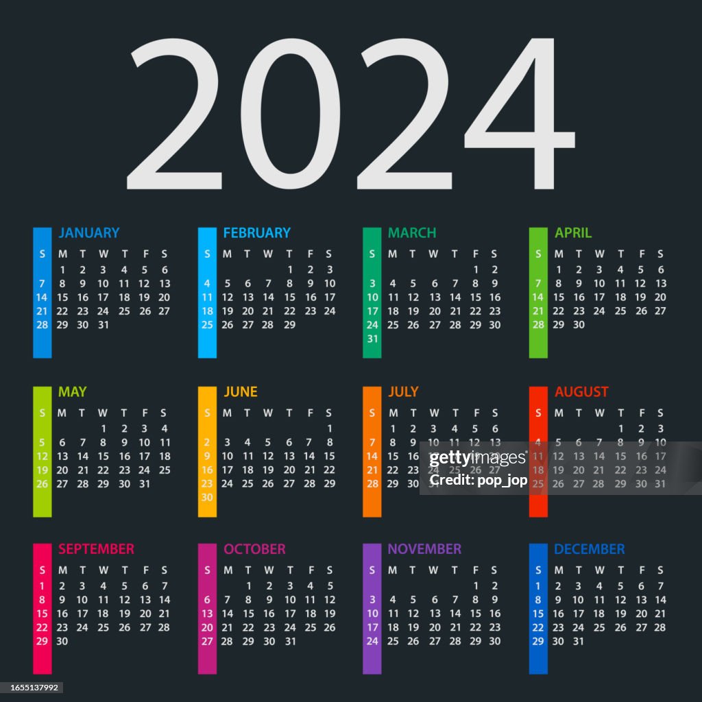 Calendar 2024 Color Vector Illustration Week Starts On Sunday Dark Calendar 2024 Color Vector Illustration Week Starts On Sunday Dark
