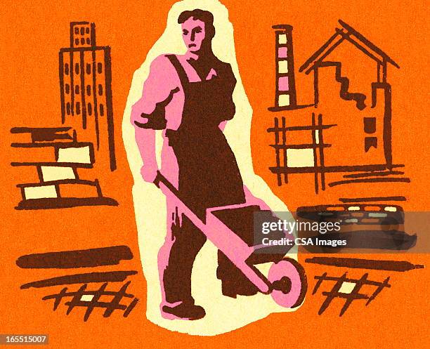 man pushing a wheelbarrow - work overalls stock illustrations
