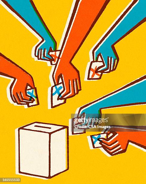 illustrazioni stock, clip art, cartoni animati e icone di tendenza di voto mani e urne - elezione