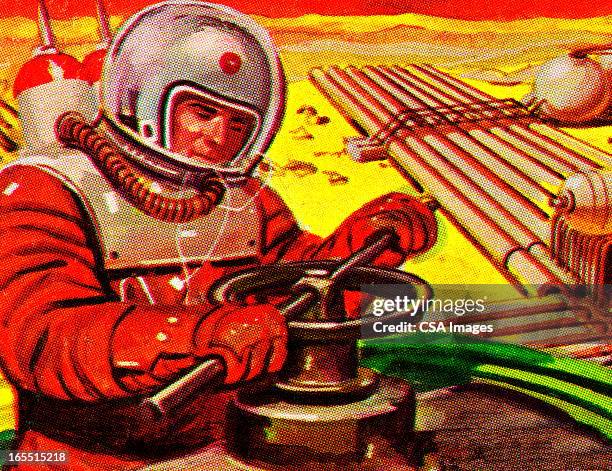 astronaut working in outer space - space station stock illustrations