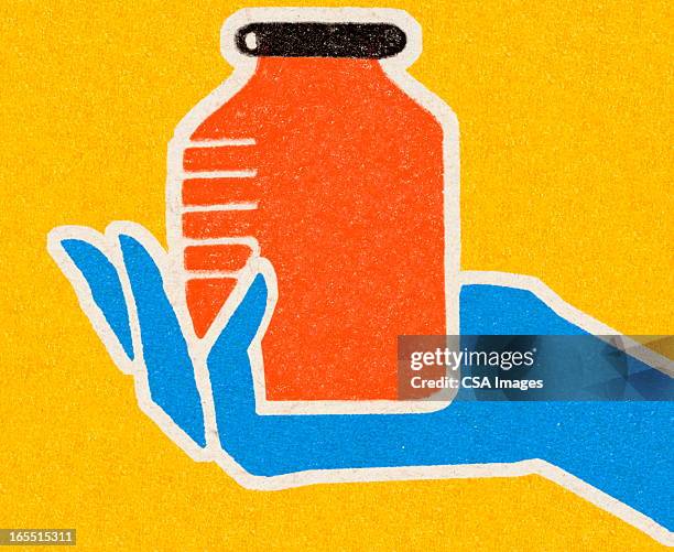 hand holding a container - pharmaceutical packaging stock illustrations