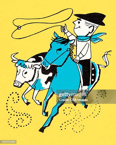 cowboy roping a steer - lasso stock illustrations