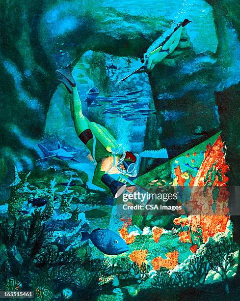 ilustraciones, imágenes clip art, dibujos animados e iconos de stock de underwater buceo buceador - coral ilustraciones de stock