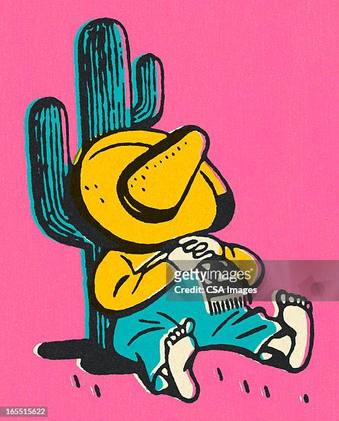illustrations, cliparts, dessins animés et icônes de cuisine mexicaine se reposer sur un cactus - sombrero