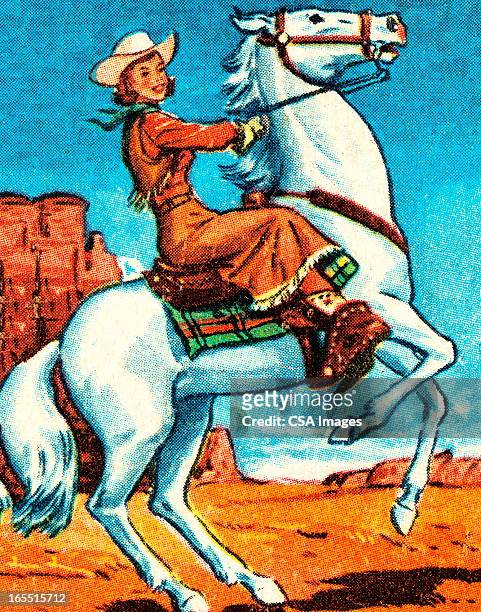 cowgirl auf einem pferd - cowgirl stock-grafiken, -clipart, -cartoons und -symbole