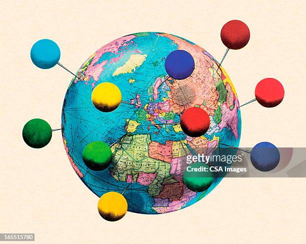 globus mit sehenswürdigkeiten - stecknadel stock-grafiken, -clipart, -cartoons und -symbole