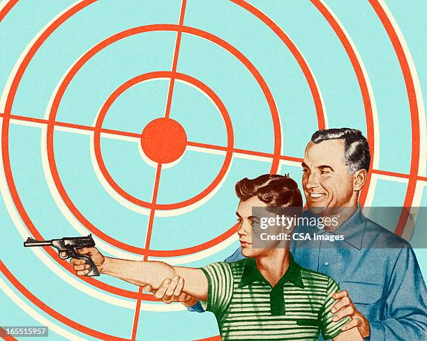 man and boy shooting a gun - pointing gun stock illustrations