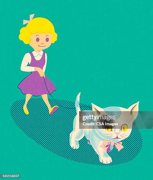 girl walking a kitten on a leash - cat walking stock illustrations
