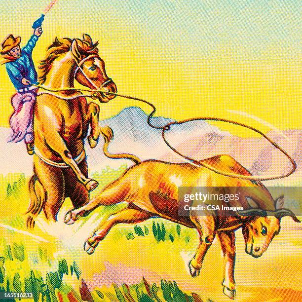 cowboy lassoing a steer - vintage cowboy stock illustrations