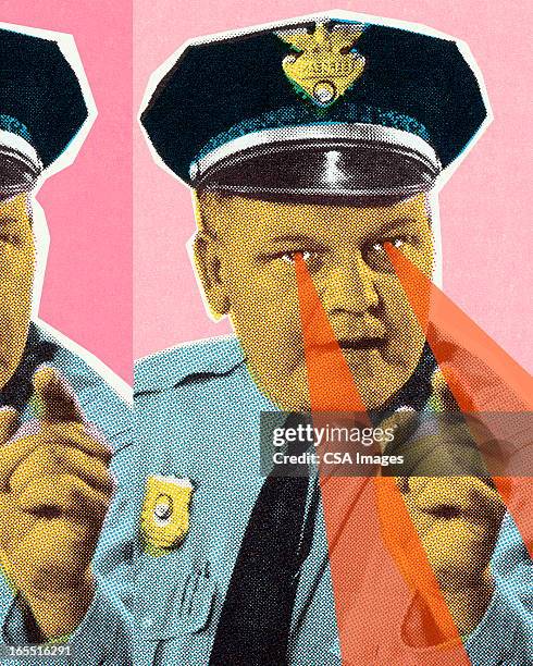 policeman with piercing eyes - police hat stock illustrations