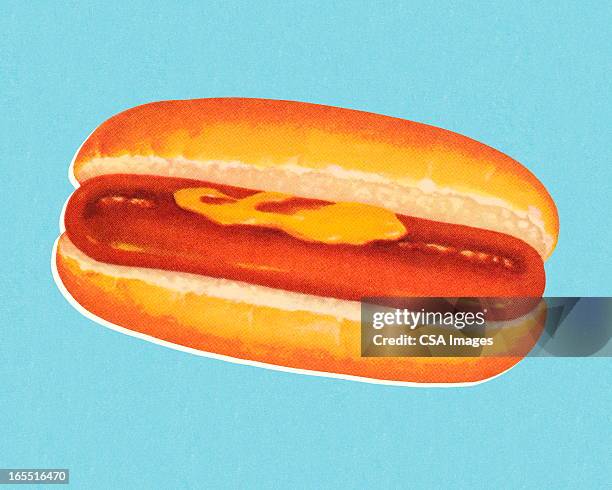 hot dog with mustard and ketchup - hot dog stock illustrations