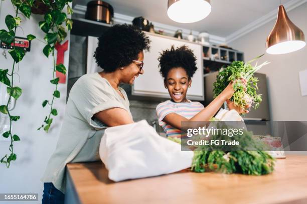 mother and daughter talking and unpacking fruits and vegetables in the kitchen at apartment - herbruikbare tas stockfoto's en -beelden