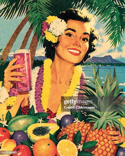 ilustraciones, imágenes clip art, dibujos animados e iconos de stock de mujer sonriendo y frutas tropicales - comida flores