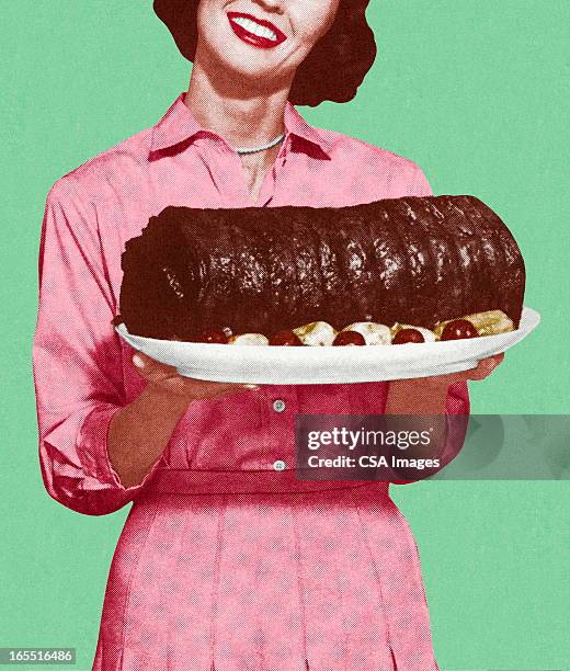 woman holding a large platter of meat - roast beef dinner stock illustrations