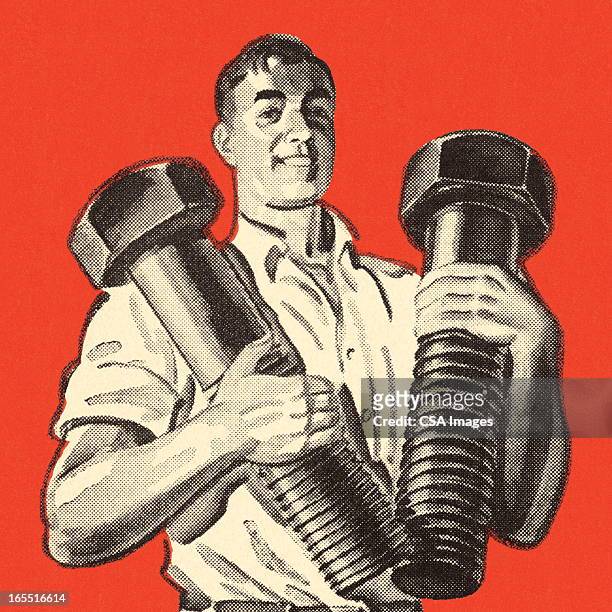 man holding two giant bolts - macho stock illustrations