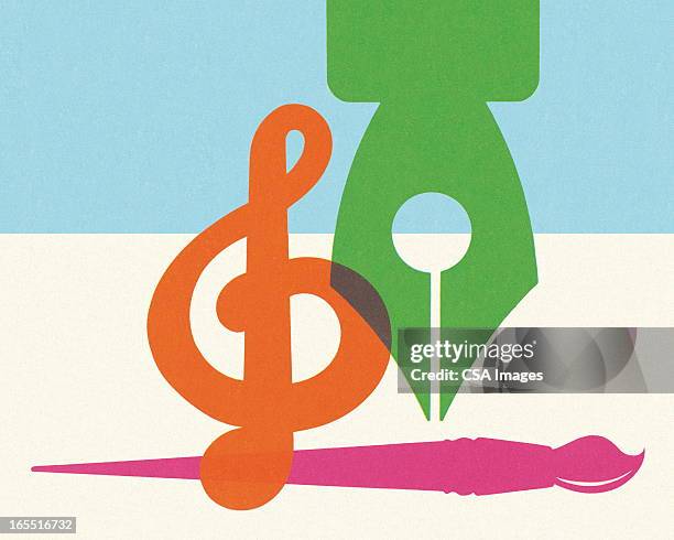 fountain pen, pinsel und violinschlüssel - füller stock-grafiken, -clipart, -cartoons und -symbole