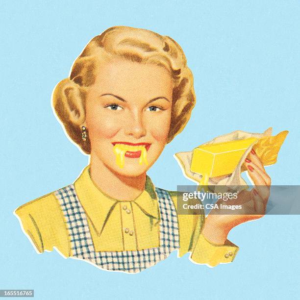 ilustrações de stock, clip art, desenhos animados e ícones de mulher comer manteiga - manteiga