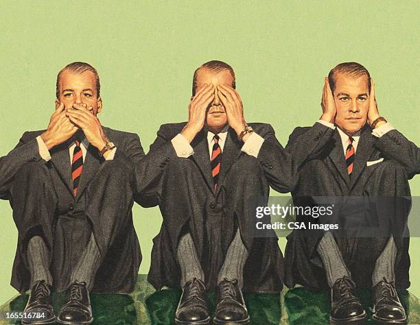 illustrazioni stock, clip art, cartoni animati e icone di tendenza di speak no evil, vedere alcun male, non sentire niente - solo uomini