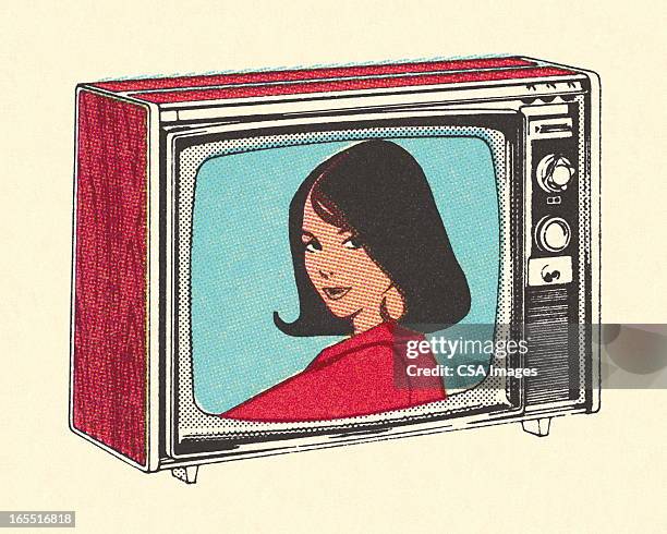 woman on television - vintage television white background stock illustrations