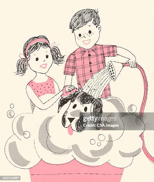 two children washing a dog - boy bath stock illustrations