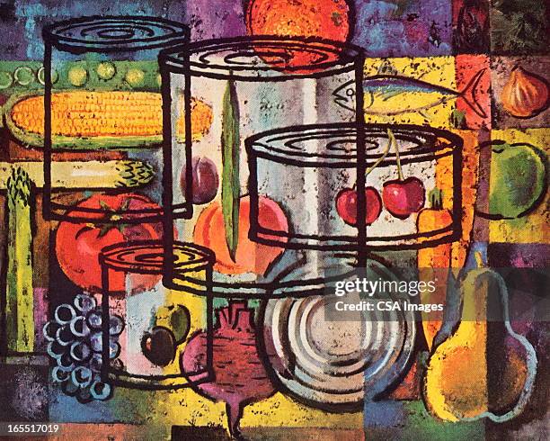 fruits and vegetable cans - cherry tomatoes stock illustrations