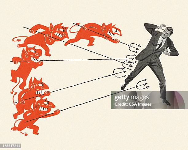 devils targeting a businessman - devil stock illustrations