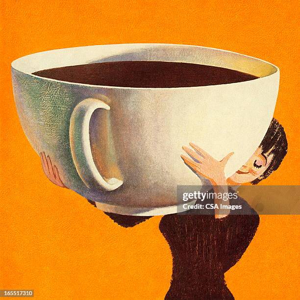 stockillustraties, clipart, cartoons en iconen met woman holding a huge cup of coffee - groot