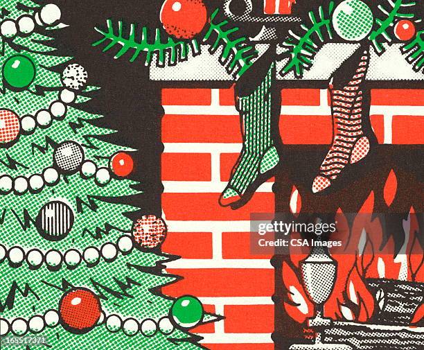 geschmückten weihnachtsbaum und geschenke auf einem offenen kamin - christmas stocking stock-grafiken, -clipart, -cartoons und -symbole