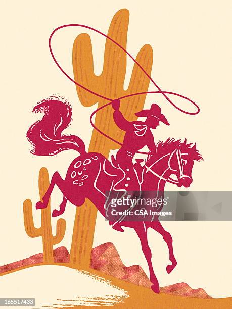 illustrazioni stock, clip art, cartoni animati e icone di tendenza di equitazione da cowboy a cavallo nel deserto - lazo