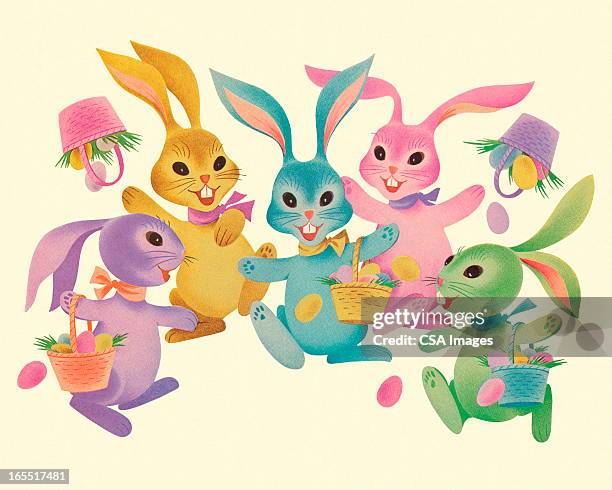 colorful easter rabbits - multiple rabbits stock illustrations