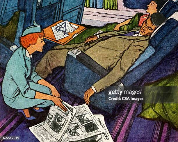 flight attendant and two sleeping passengers - airhostess stock illustrations