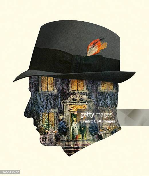 illustrations, cliparts, dessins animés et icônes de façade photographié sur une silhouette de l'homme - chapeau en feutre